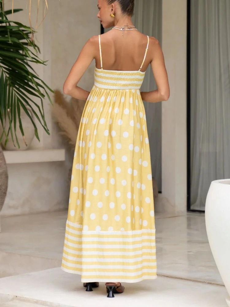 2025 Summer Fashion New Women's Elegant Printed Strap A-line Dress Strap Sexy Big Swing High Waist Bareback Dress