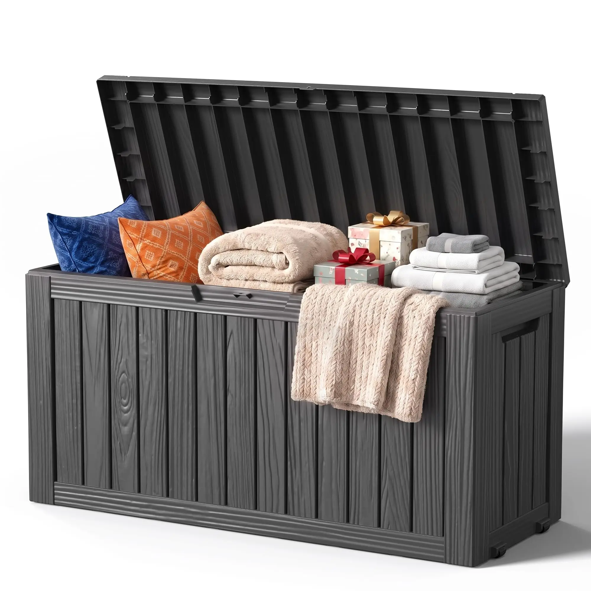 140Gal Outdoor Storage Box with Portable Wheels, Waterproof Deck Boxes