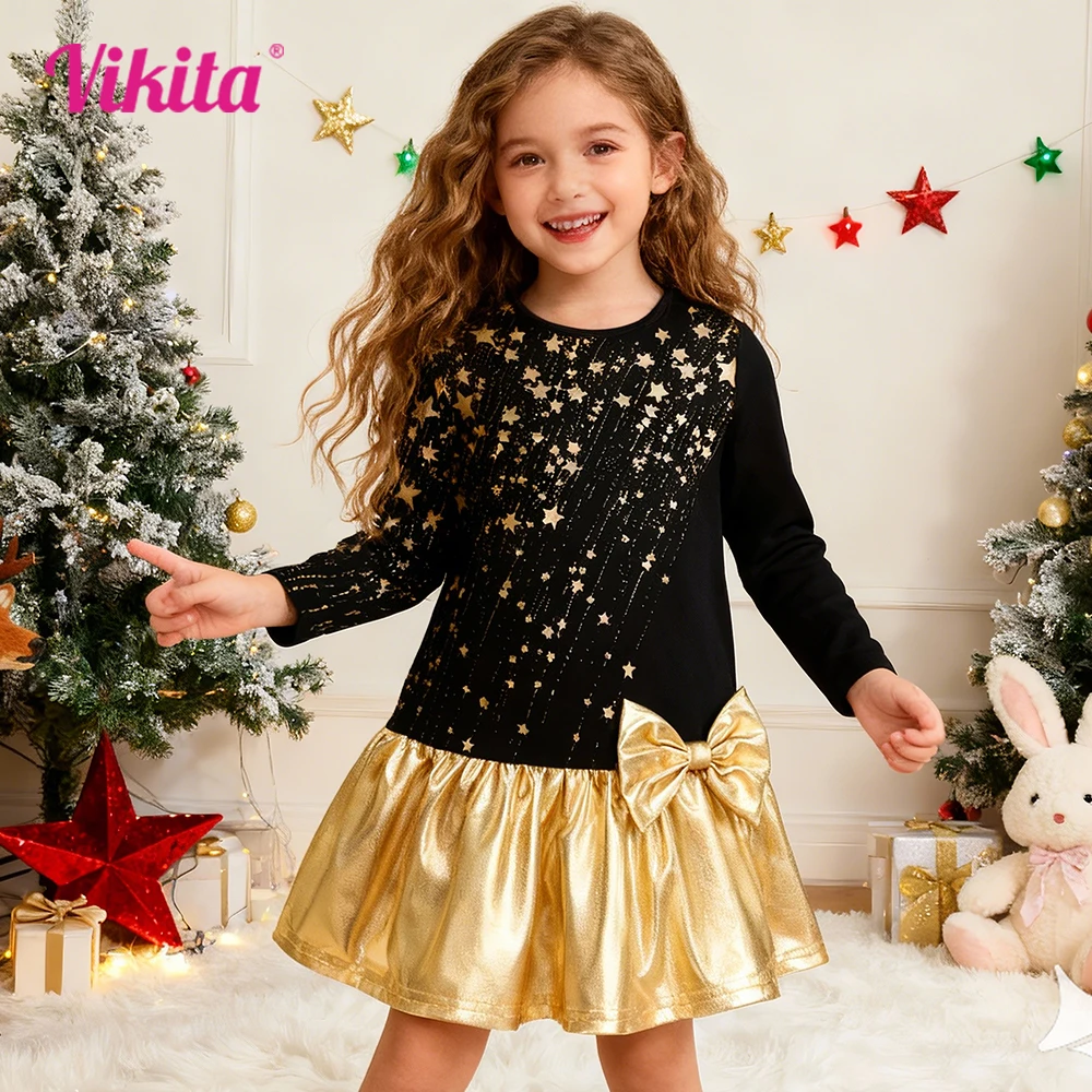 VIKITA Girls Christmas Dress with Bow Knot Toddlers Golden Star Print Glittery Shiny Festival Party New Year Dresses Gift