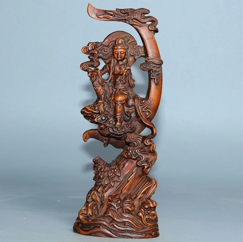 

6"Tibetan Temple Collection Old Boxwood moonlight sit Bodhi Tree Comfortable Guanyin Bodhisattva Buddha Worship Hall Town house