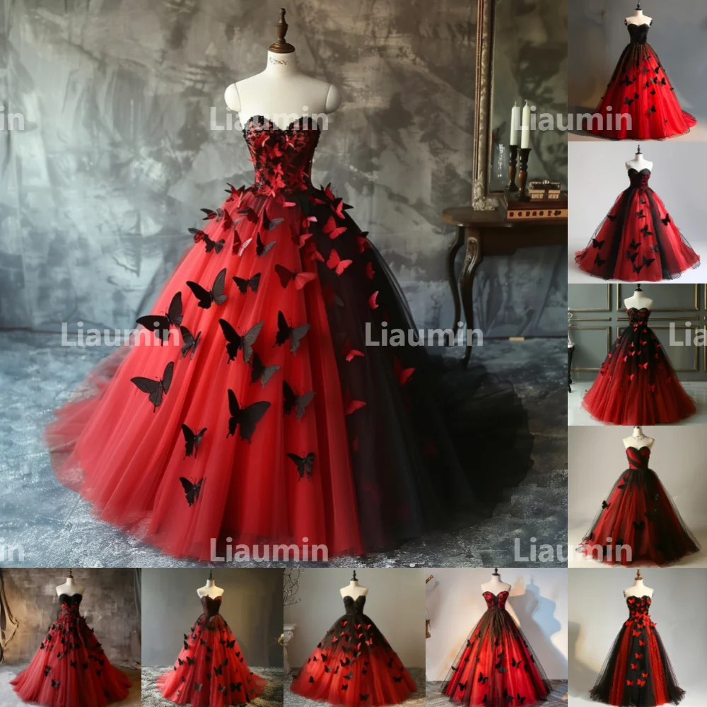 Red And Black Tulle With Butterfly Strapless Evening Prom Dresses Bridal Gowns Floor Length For Formal Occasion Party W15-41