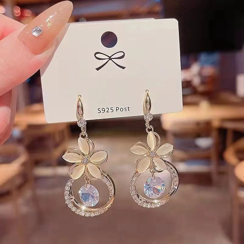 New Fashion Elegant Opals Flowers Pendant Earrings For Women Girls Golden Round Crystal Zircon Wedding Earrings Jewelry Gift image 3
