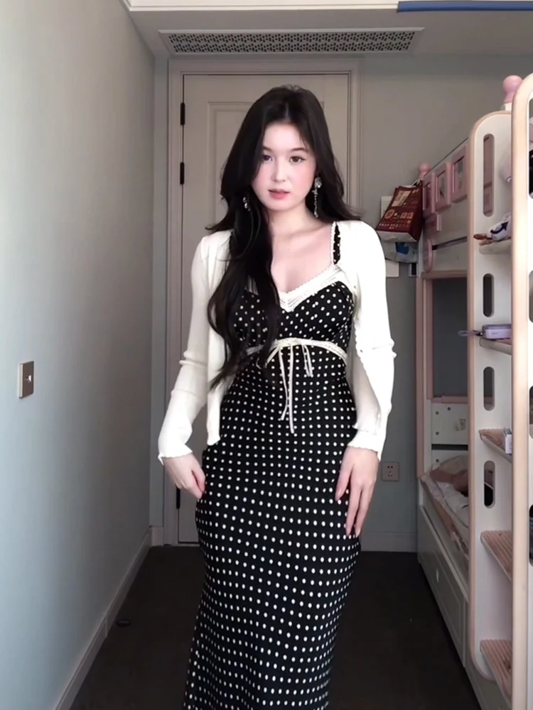 

XZY Lace Splicing Polka Dot Satin Dr Women's plus Size Summer Sexy Waist Cinching Strap Fi Tail Skirt Commute Sle Kore...