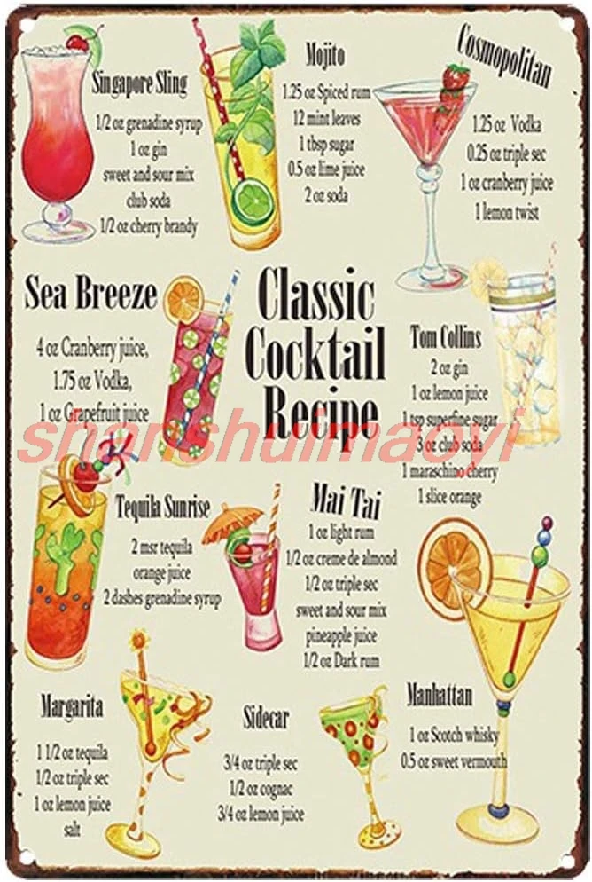 Original Vintage Design Classic Cocktail Recipe Tin Metal Sign Wall Art, Thick Tinplate Print Poster Wall Decoration For Bar/Kit