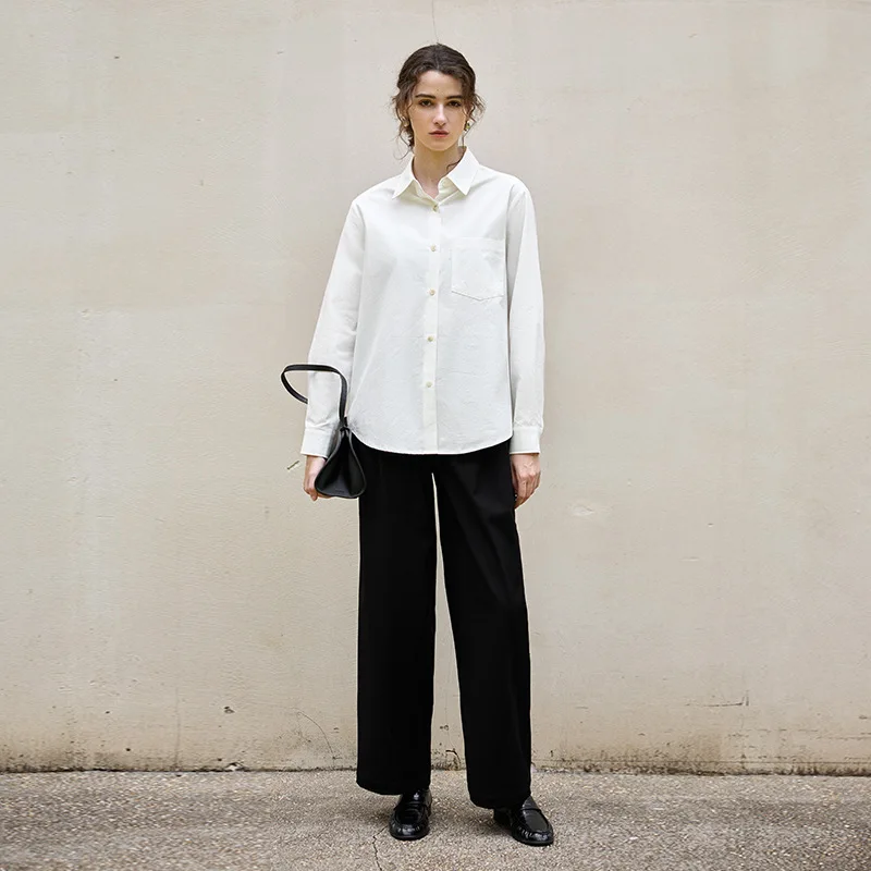 Camicetta bianca da donna in cotone e lino Manica lunga monopetto Colletto rovesciato Camicie da donna da ufficio larghe e casual alla moda