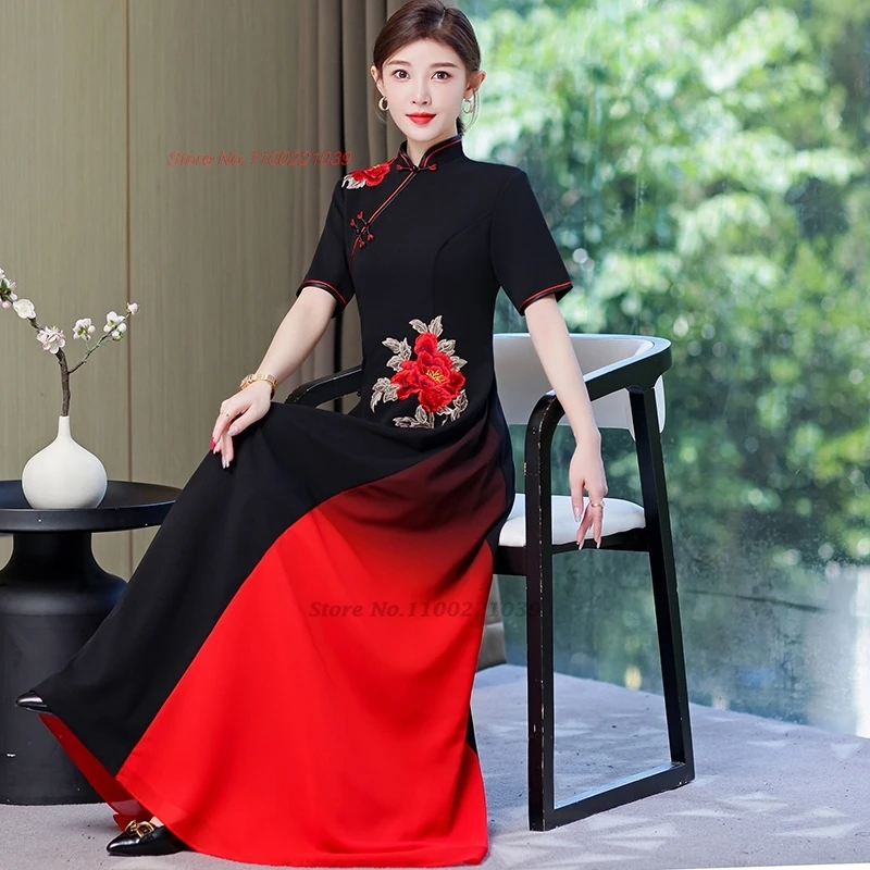 2025 vietnam aodai dress traditional chinese improved qipao national flower embroidery cheongsam banquet evening dress qipao