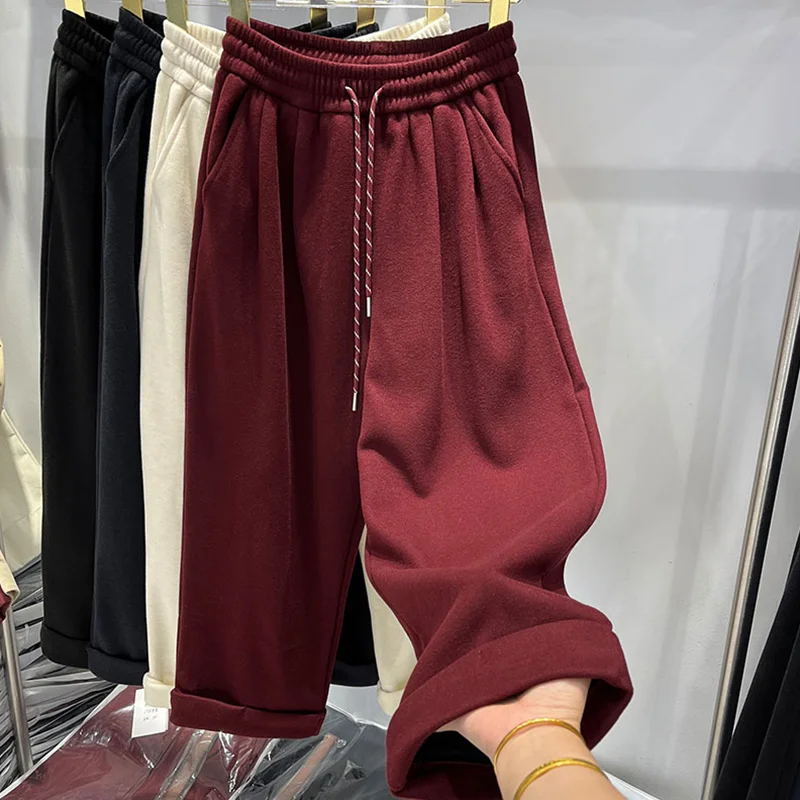 

Брюки больших размеров с высокой талией и широкими штанинами в корейском стиле, свободного кроя, укороченные, прямые, повседневные, для полных женщин, осень-зима