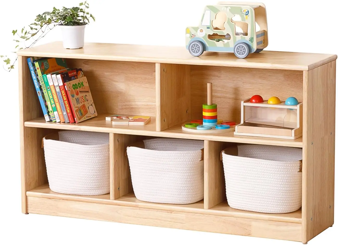 5-Compartment Montessori Shelf, 43.3" L, 2-Tier Toy Organizers and Storage, Wooden Storage Cabinet for Kids Room, Pl