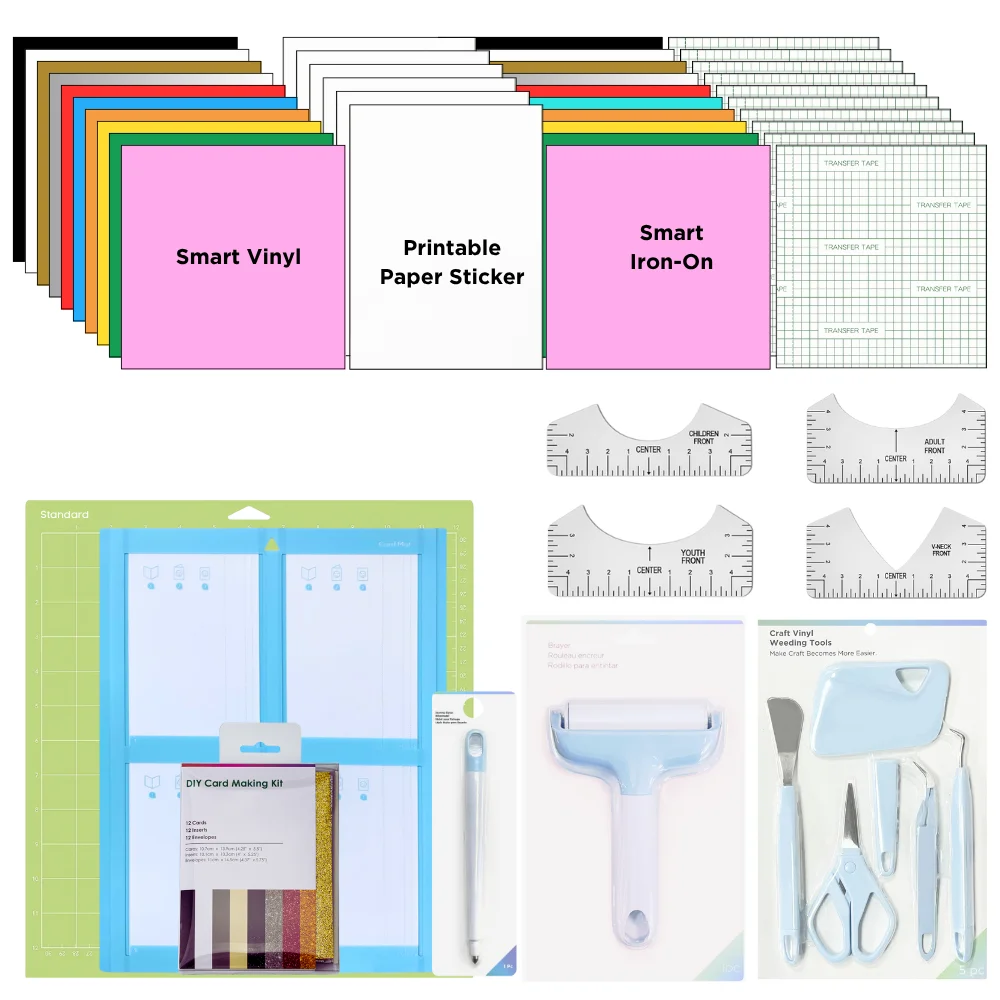

Maker Starter Kit – includes Brayer rollers, weeding tools, HTV, smart vinyl, transfer tapes, printable stickers, card pads and