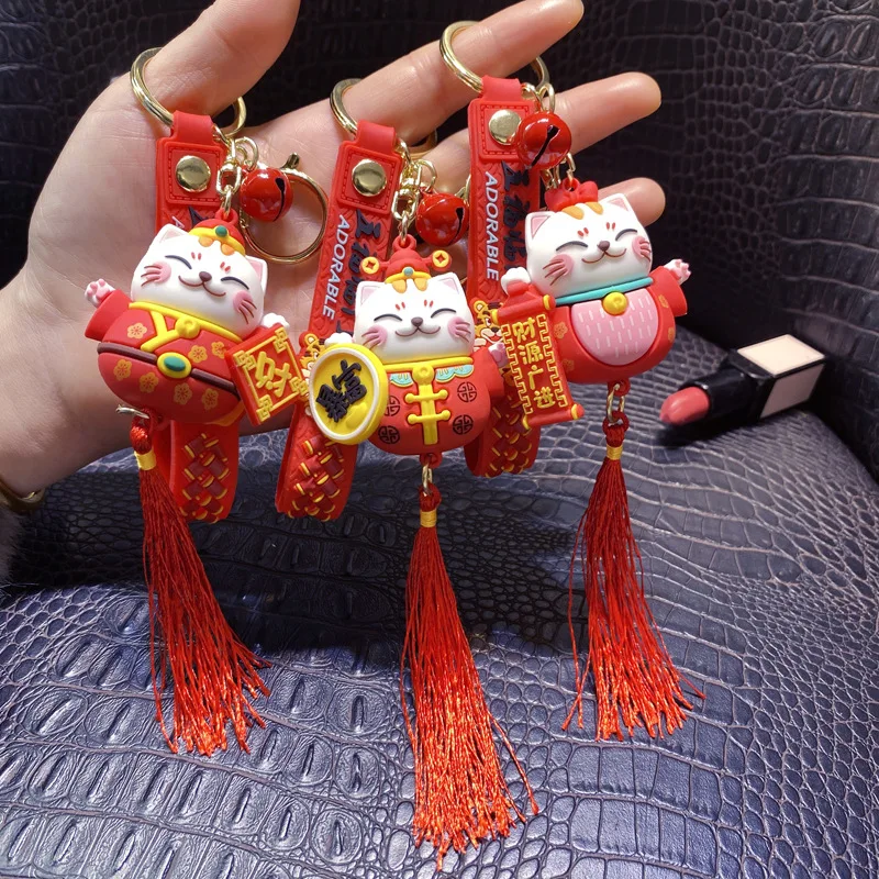 Handmade DIY Craft Rhinestone Lucky Cat Tassels Cartoon Cat Keychain Cute Bag Charm Holder Cartoon Resin Key Chain K4885