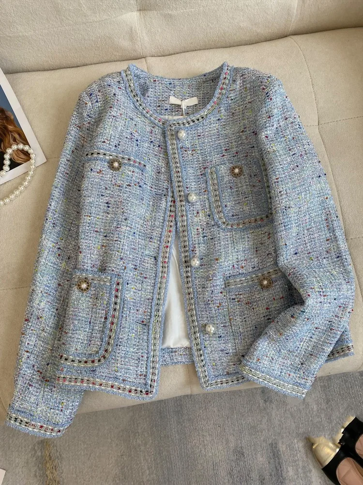 Elegant Women Autumn New Tweed Jacket Pearls Single Breasted O Neck Twill Coat Office Work Casual Outwear Jacket Multi Pockets