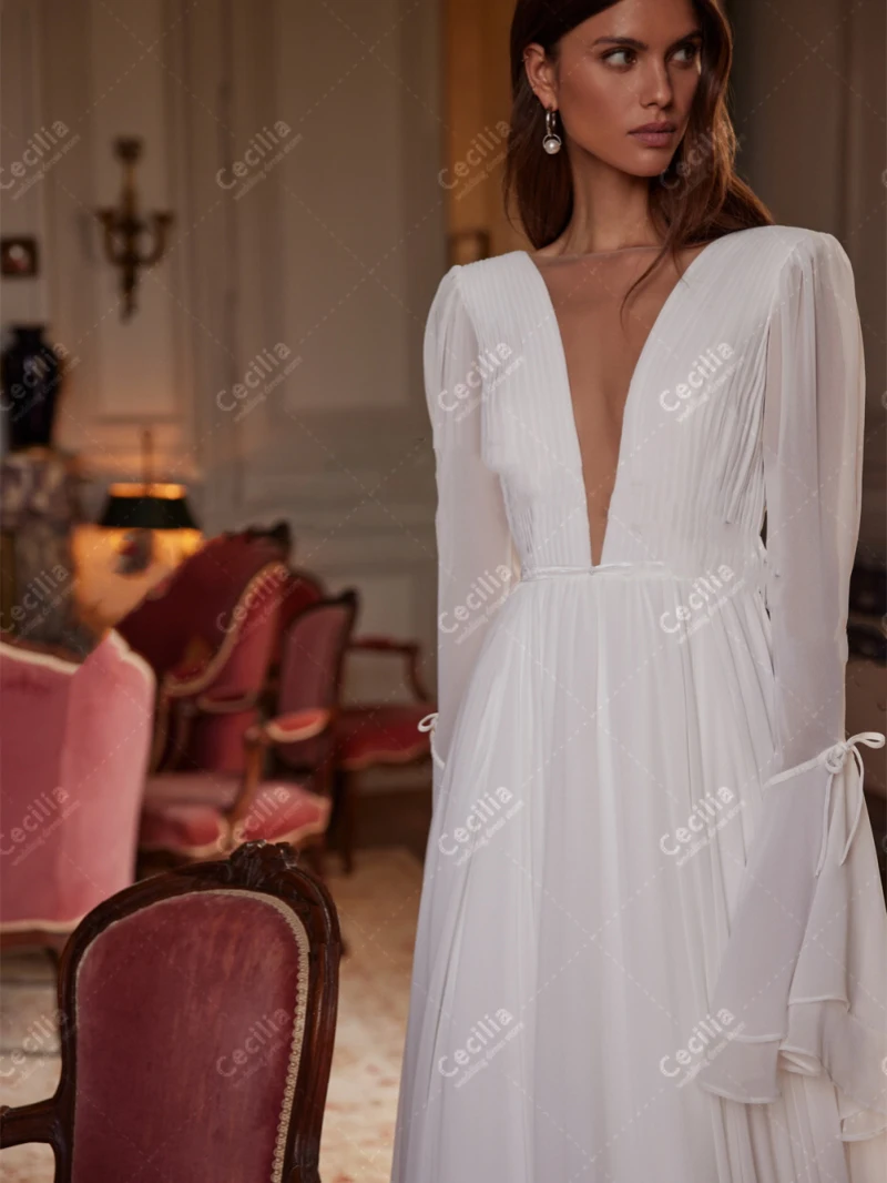 Robes De mariée modestes Robes De mariée gracieuses manches longues Robes col en V profond Robes pour les mariées robes De Novia personnalisées 2025