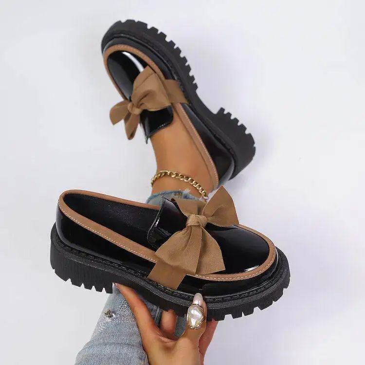 Casual Color Block  Knot Loafers Women's Shoes Spring 2026 New Style Large Size Single Shoes Female Slip-On Pumps