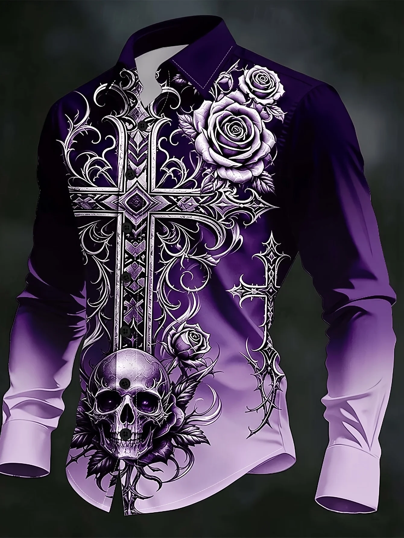 Men Long Sleeve Button Down Shirt Purple Gradient Skull Cross Rose Print Polyester Lapel Collar Gothic Party