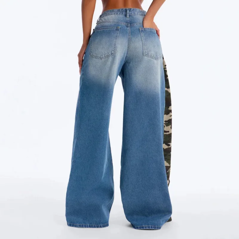 ANJY Spring Autumn New Women Y2K Washed Distressed Camouflage Patchwork Jeans Trend Ins Loose Casual Wide Leg Denim Pants A26210