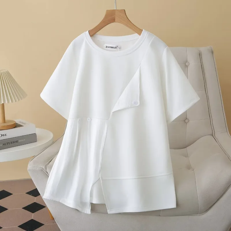 Women Plus Size Irregular Patchwork T Shirt Round Neck Split Hem Loose Hide Fat Short Sleeve Summer French Casual Top