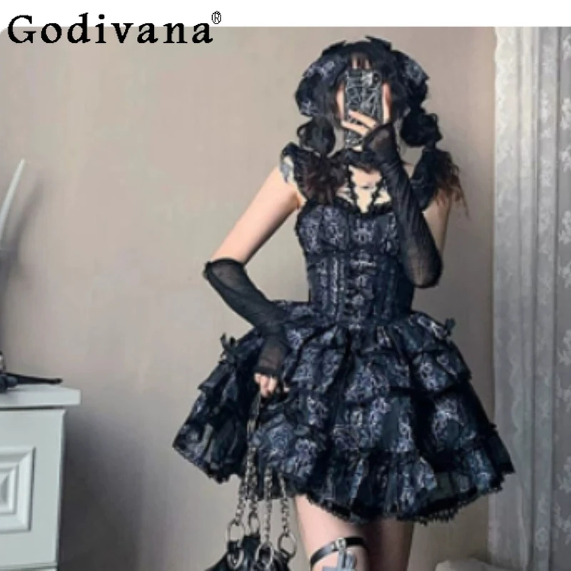 

Temperament Black Lolita Ballet Elegant Square Neck Dresses Sweet Girls Fashion Versatile Age Reduction Jsk Princess Cake Dress