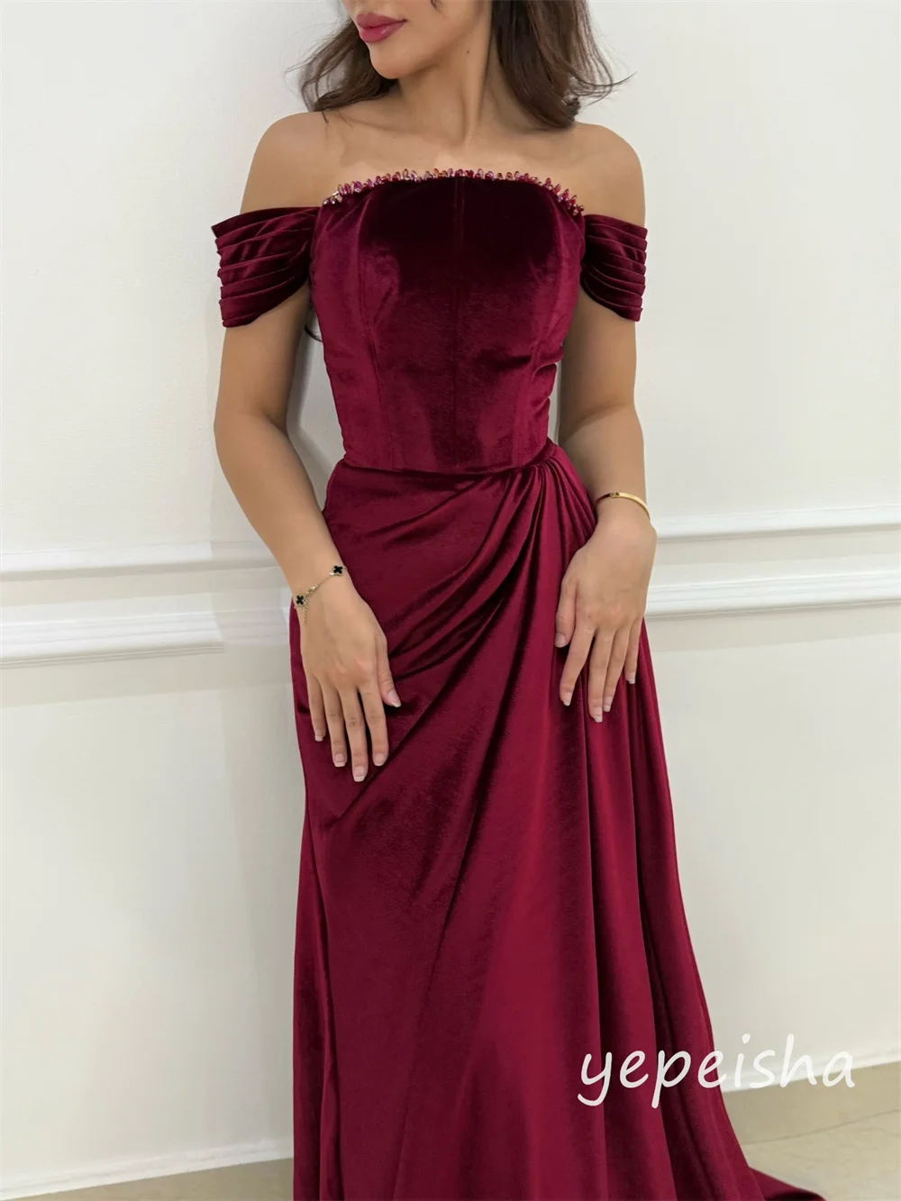 Customized Burgundy Velour Pleat Ruched Draped Rhinestone A-line Off-the-shoulder Long Dresses Evening Dresses Sizes Available