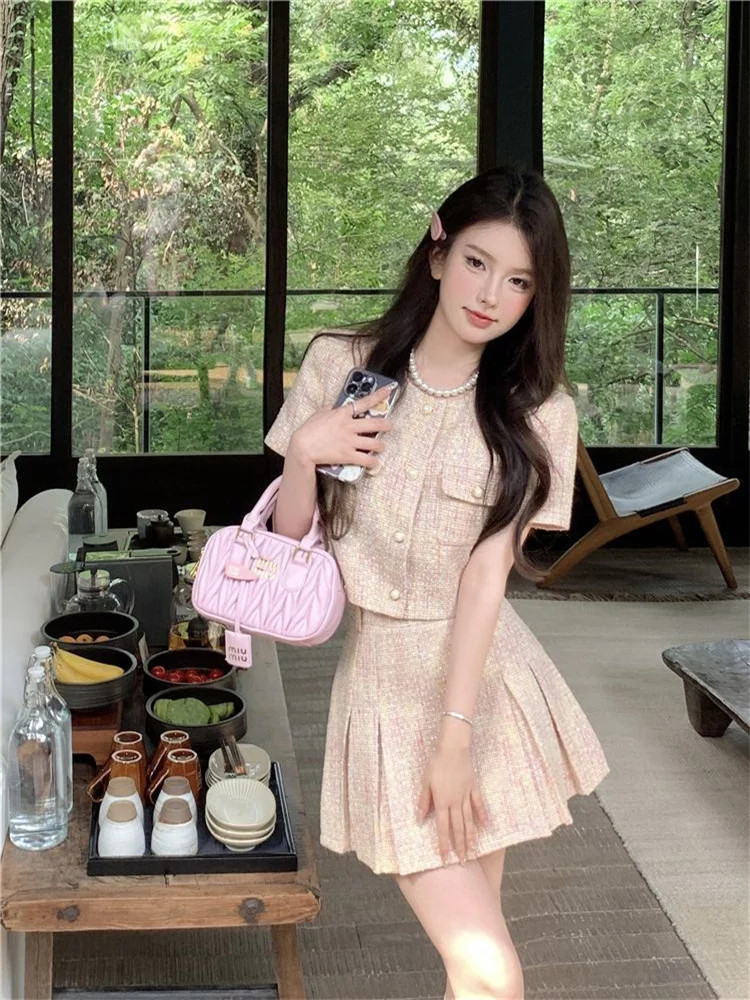 Korea Elegant Two Piece Sets Vintage Office Lady Chic Fashion Puff Sleeve Crop Top + A Line Mini Skirts Suit Retro Summer Outfit