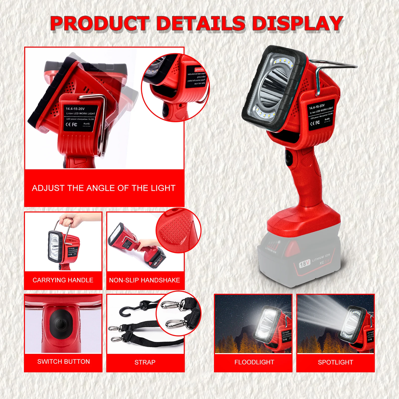 For Milwaukee/Dewalt/Makita 14.4V-18V 1200LM 16.2W Work Light Portable Outdoor LED Light Lamp Li-ion Battery