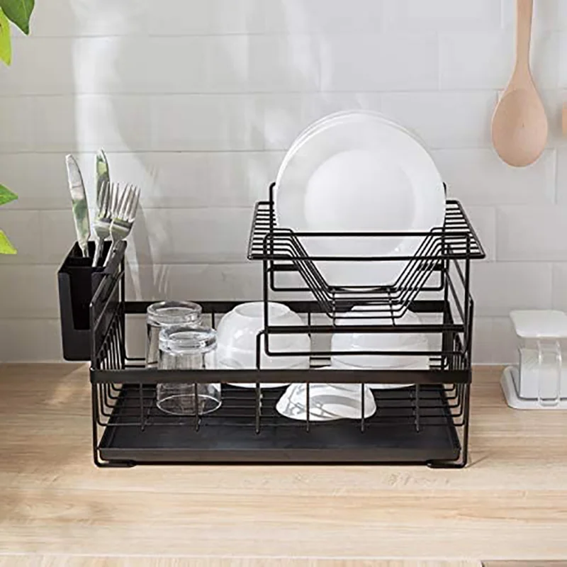 

For Home Black White 2-Tier Kitchen Light Duty Countertop Utensil Organizer Storage Dish Drying Rack with Drainboard Drainer