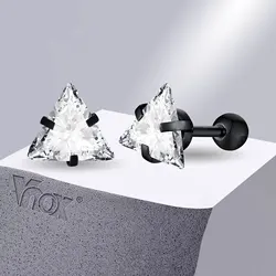 Vnox Stylish Triangle Stud Earrings for Men Women, AAA CZ Stone Unisex Ear Clip Jewelry, Rock Punk Vintage Accessory