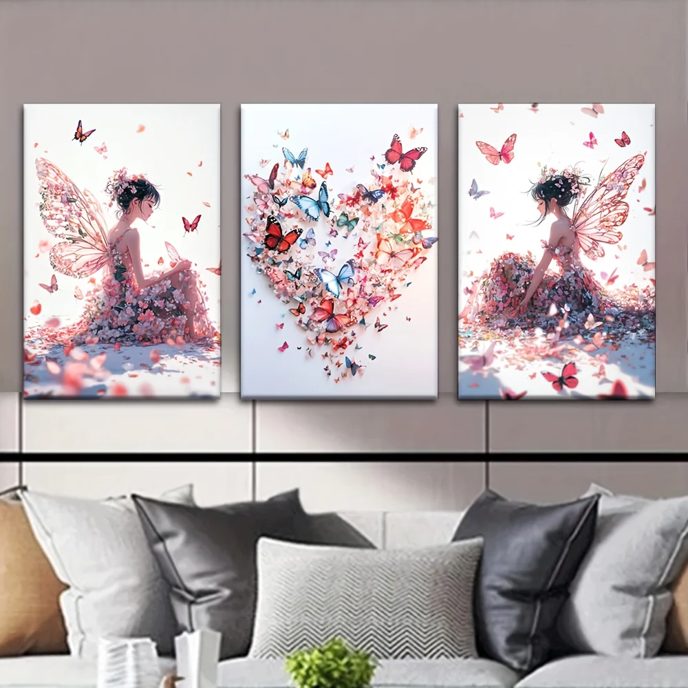 （No Frame 3PCS）-2D Flat, 2D Flat, Set of Three, Unframed Canvas Artwork Featuring a Girl in Vibrant Floral Dresses with Butte