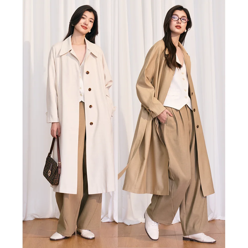 High Quality Long Trench Coat Women Spring Simple Casual Linen