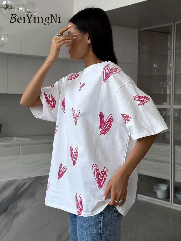 Beiyingni Heart Print T-shirts for Women 2024 Fashion Streetwear Loose Oversize Tops Female 100% Cotton White Black Teeshirt