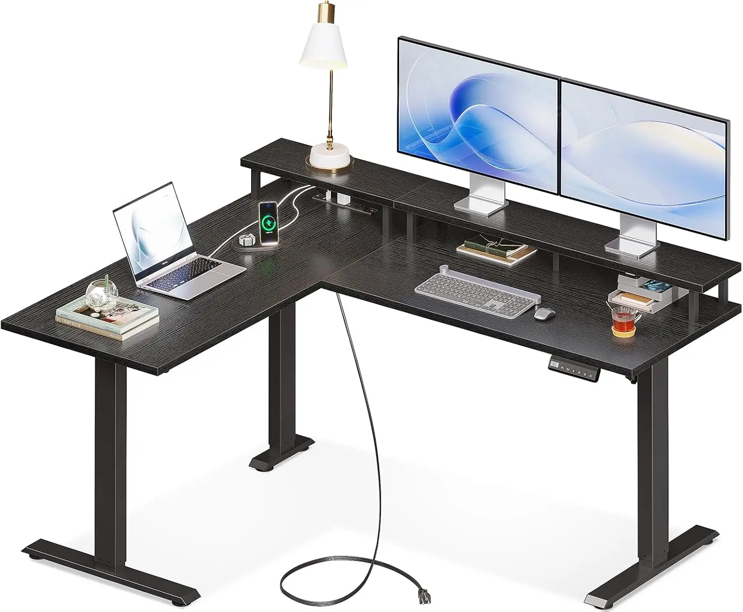 

Electric L Shaped Standing Desk with Monitor Stand, 59 Inch Height Adjustable Corner Desk with Power Outlets, Large Sit Stand T