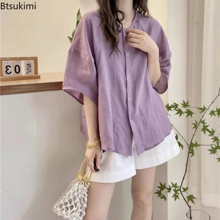 Women Dopamine Shirts Casual Loose Solid Plus Size Tops Holiday Summer Short Sleeve Fashion Blouse Vintage Round Neck Blouse