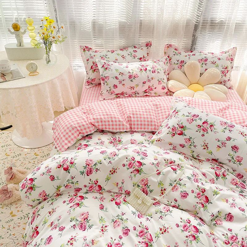 Cotton Home Textile Rose Floral Bedding Set Boy Girl Duvet Cover Flat Sheet Pillowcase Aesthetic Bedcloth Double Queen Bed Linen