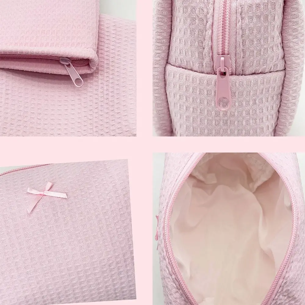 1pc Sweet Waffle Knit Makeup Bag Bow Large Capacity Cosmetic Bag Toiletry Bag Home Travel