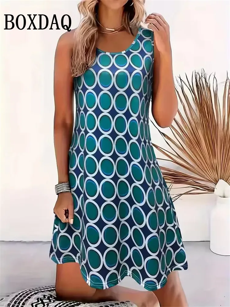 Verão feminino casual listrado longo camiseta vestidos sem mangas em torno do pescoço praia solto casual férias curto tanque vestido de verão