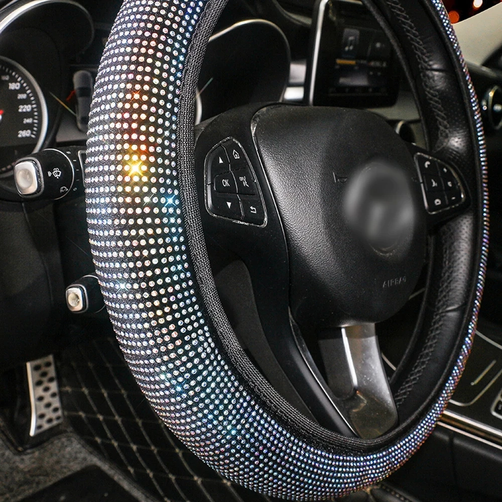 Rhinestone Car Steering Wheel Cover Leather Steering-Wheel Decoration Cover Bling Crystal Auto Styling Car Accessories for Woman