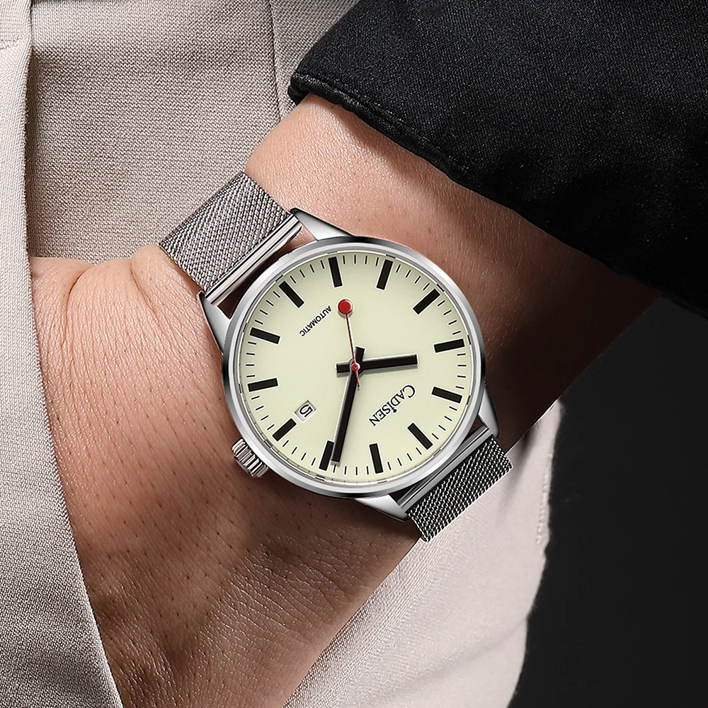 CADISEN-Reloj de pulsera automático de acero inoxidable para hombre, cronógrafo mecánico luminoso con correa de malla, resistente al agua, zafiro