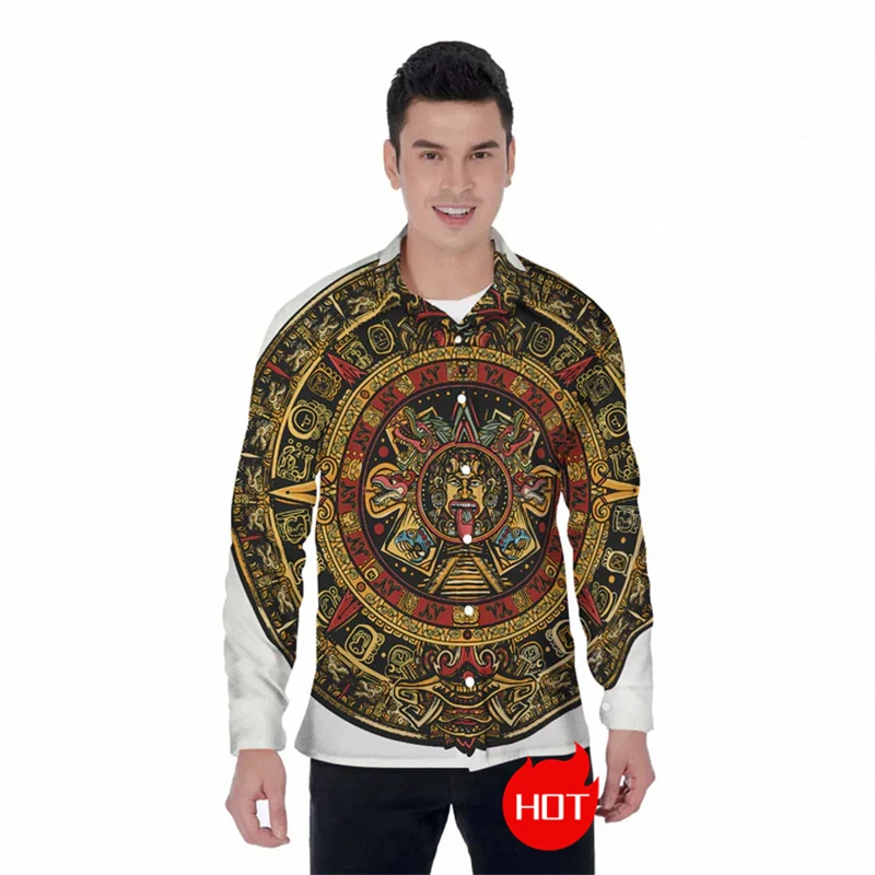 

Aztec Mexican 3D Printed Long Sleeve Shirts For Men Clothes Spring And Autumn Maya Ethnic Lapel Blouse Casual Unisex Streetwear