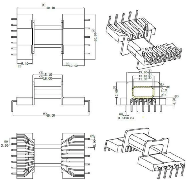 EFD25 ferrite núcleo pc44 material e bobina horaztional pino, dip5 + 7 l pino, 20 sets/lot