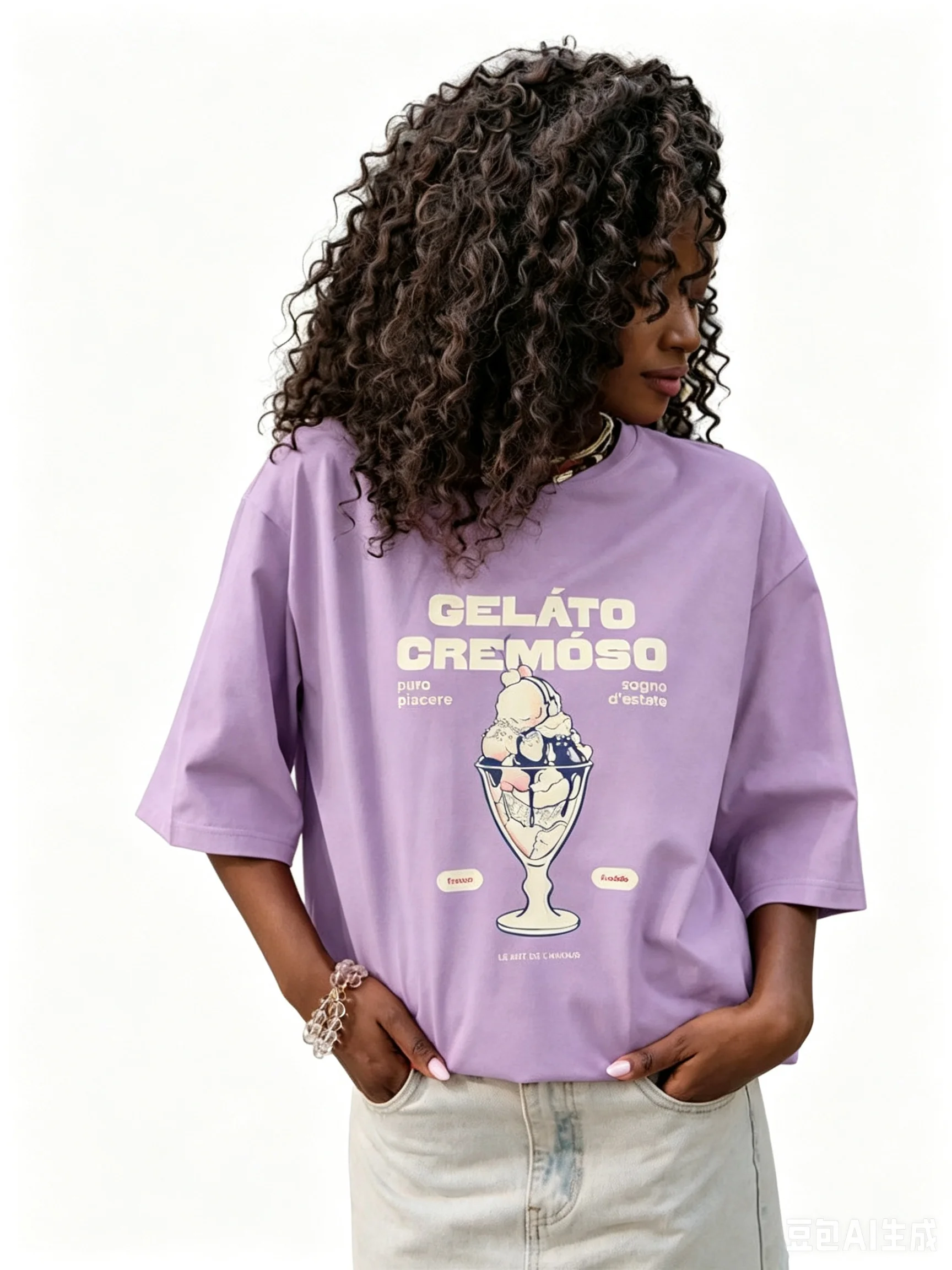 High Quality Summer Lavender Oversized Tee Vintage Italian Gelato Sundae Cartoon Print Cotton Loose Women Beach Street T Shirt