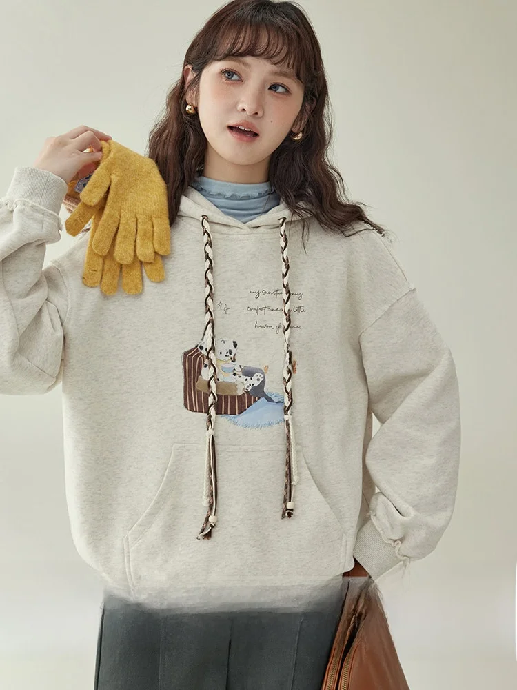 

Оригинальная толстовка AMUU с капюшоном и длинными рукавами, с принтом, женская, зимняя, модная, молодежная, с рваными краями, удобная, из смесового хлопка