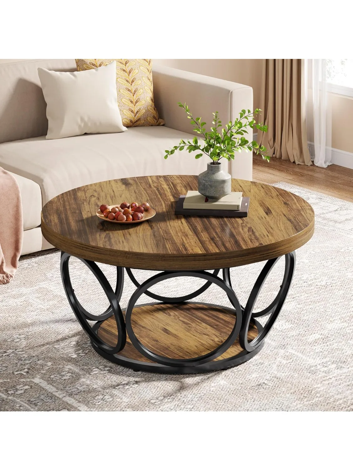 Tribesigns Round Coffee Table,80cm Round Wood Center Table, Farmhouse Large Circle Coffee Tables with 2-Tier Storage
