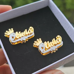 LeeChee Double Layer Crown Custom Name Earstuds Two Color Personalized Stainless Steel Hiphop Earrings Women's Jewelry Gift