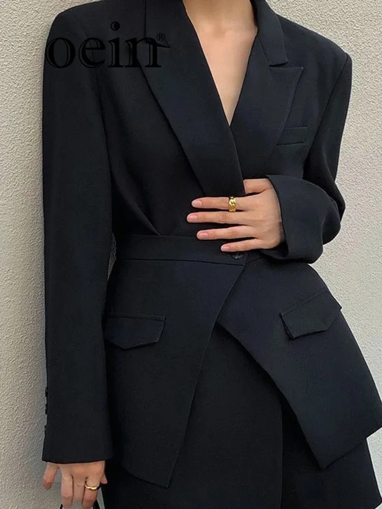 [oein]  Black Padded Shoulder Suit Jacket, Women\'s  Cinched Temperament, Two Suits with Waist Seal