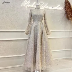 Funyue Glitter Beading Lace A-Line Prom Dresses Long Sleeves Evening Gowns High Neck Ankle-Length Formal Wedding Party Dresses