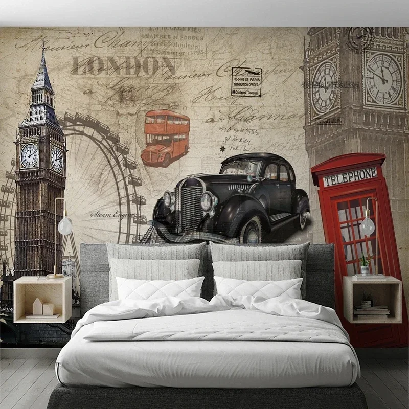 Custom Mural Wallpaper European Style 3D Retro Nostalgic British European KTV Bar Coffee Bedroom Background Wall Papel De Parede