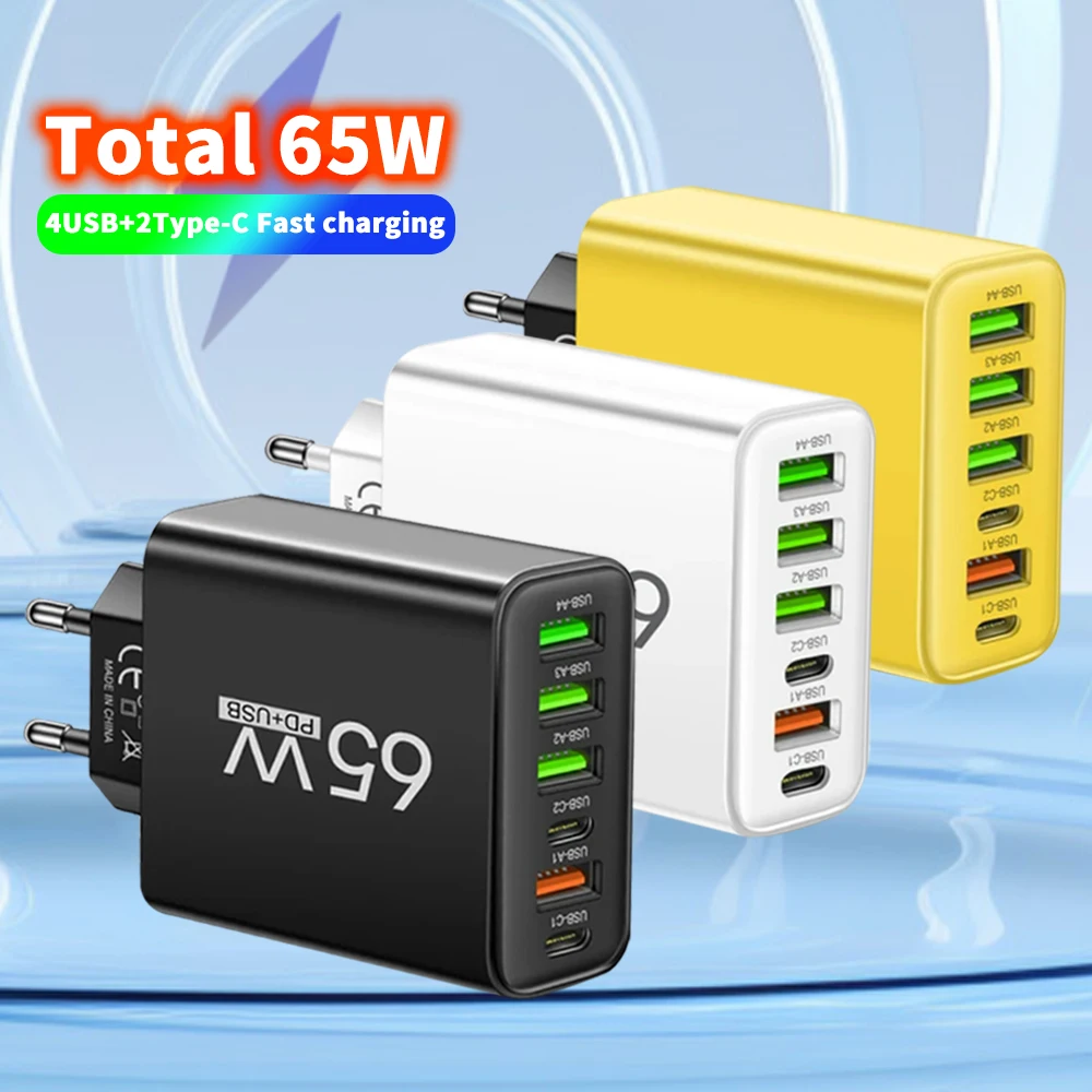 65W Multi-Ports Fast Charge Charger QC3.0/USB/Type C/PD 6 Ports Charger Fast Charging For iPhone15 Xiaomi Samsung Travel Socket