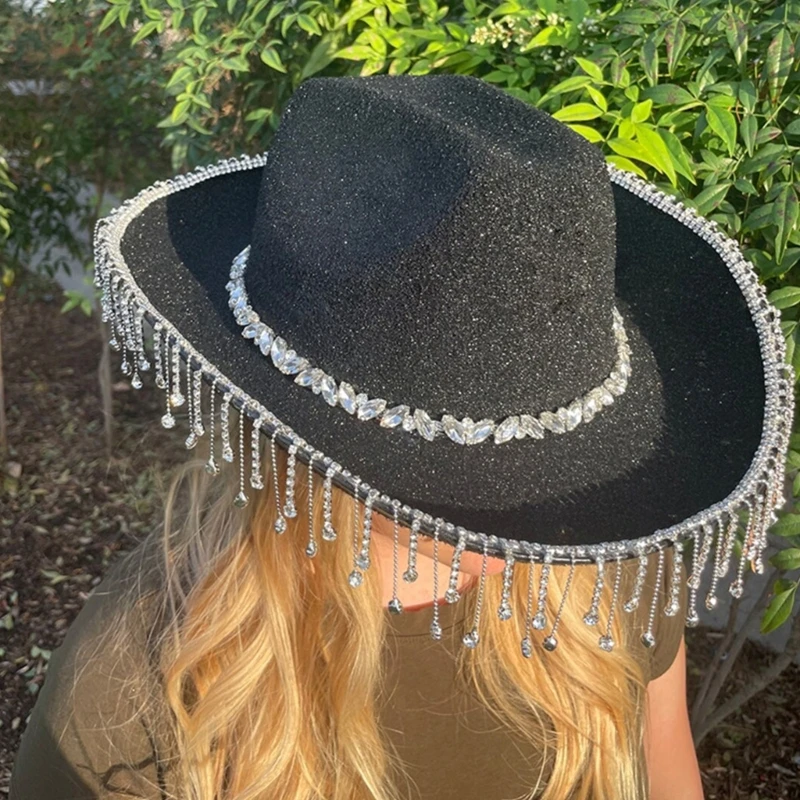 

Tassel Cowgirl Hat Rhinestones Tassel Hat Bride Fedora Tassel Cowboys Hat Bachelorette Party Hat For Bridal Party