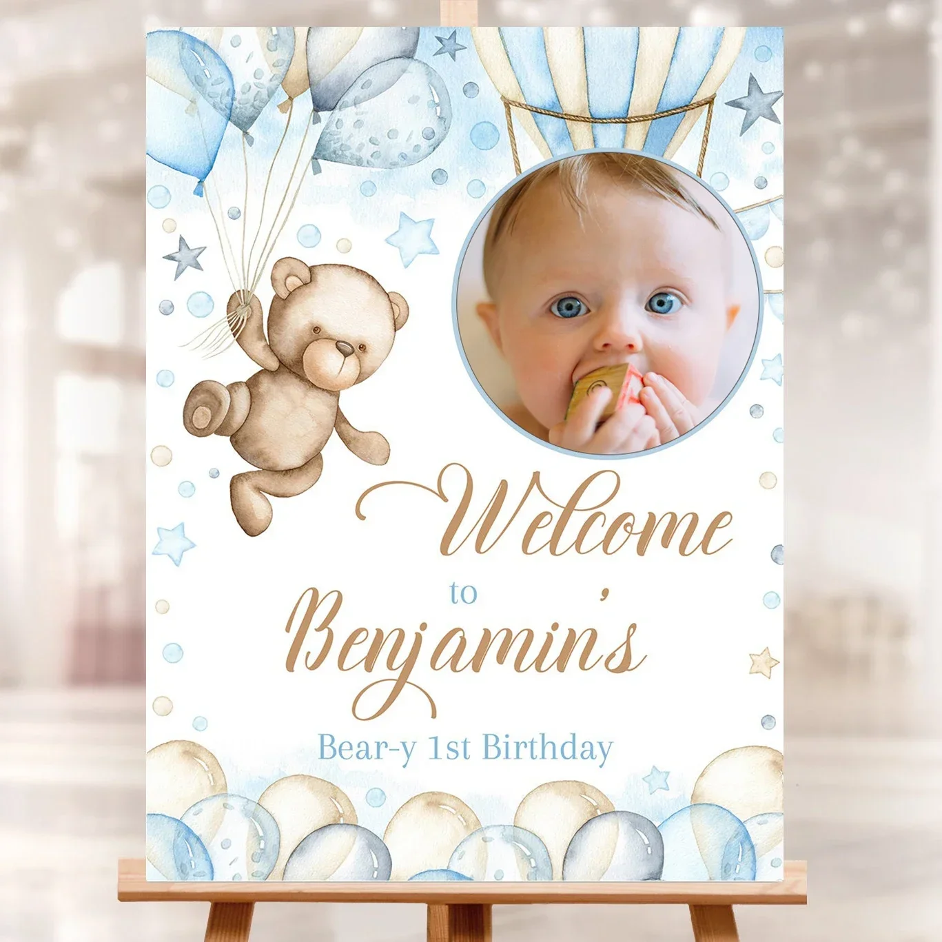 Custom Teddy Bear Birthday Welcome Sign Poster With Photo Blue Tan Balloon Personalized Art Print Wall Picture Boy Party Decor