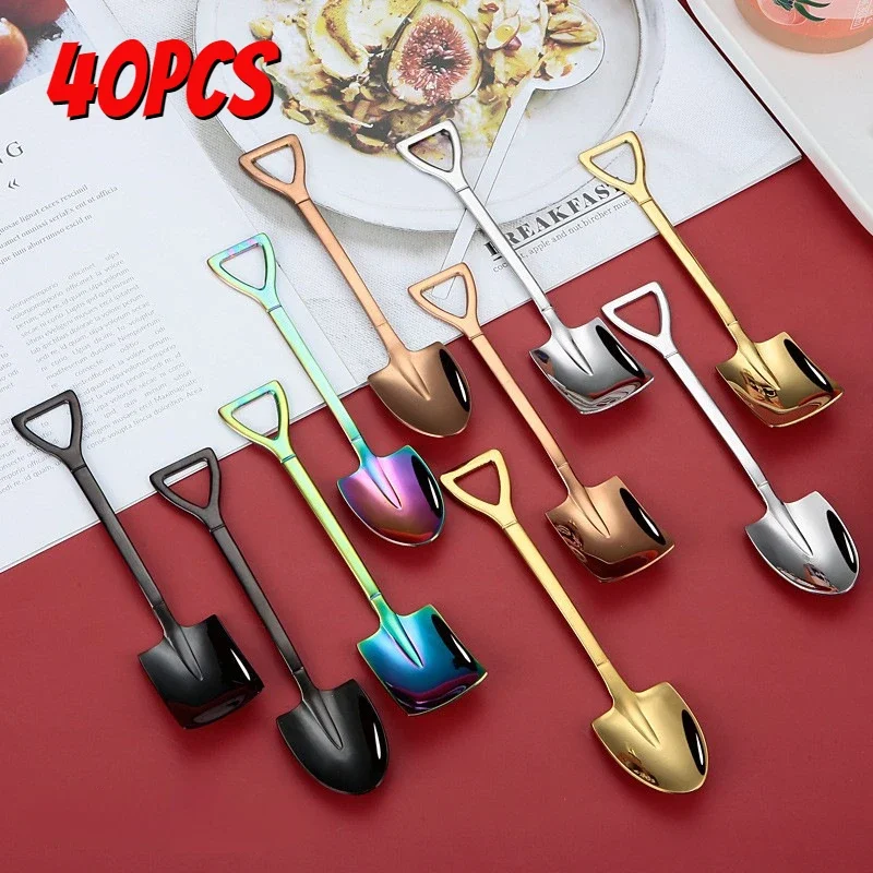 40PCS Creative Retro Shovel Coffee Spoon Stainless Steel Dessert Spoon Watermelon Spoon Ice Cream Cake Spoon