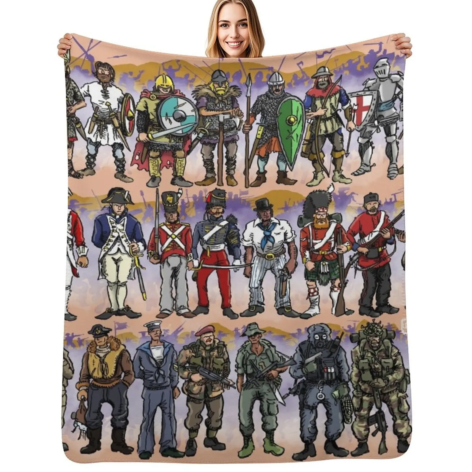 Manta fina y suave con diseño de uniformes militares británicos a través de los tiempos, para dormir por la noche en verano